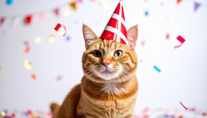 Orange cat wearing a party hat with confetti, festive celebration, holiday pet portrait