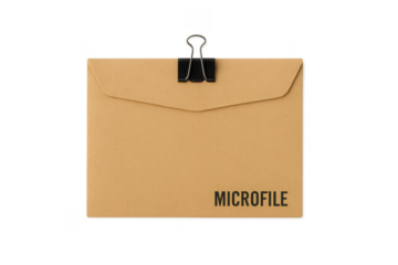 Manila microfile envelope with binder clip on transparent background