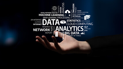A symbolic representation of data analytics held in a hand, featuring key terms like machine learning and cloud computing, illustrating technology influence on modern analysis. Tessel