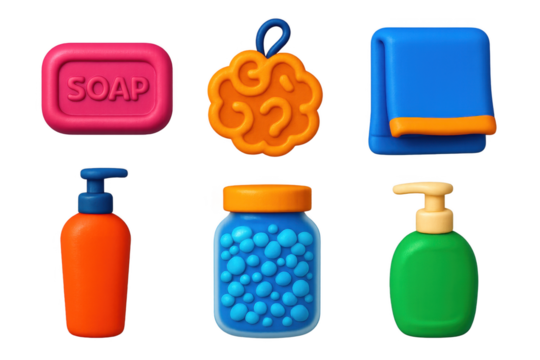 Variety of bathroom products, including a soap bar, a shampoo bottle