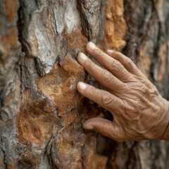 Senior hand touching textured tree bark in forest close up