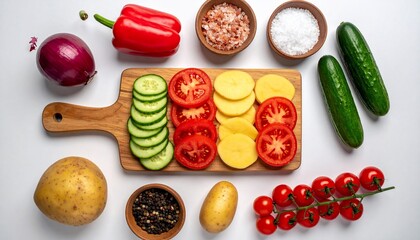 Fresh vegetable assortment with culinary ingredients on a bright white surface, top view