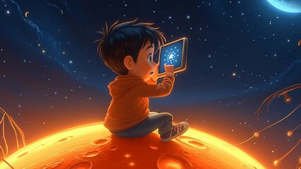 Young boy sits on vibrant orange planet, interacting with tablet, gazing at cosmic wonders, camera pans to capture his curiosity and imagination in a whimsical space scene