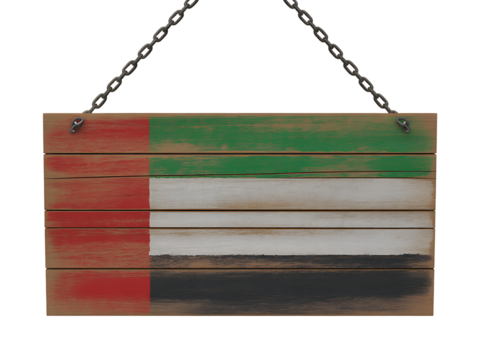 United Arab Emirates National Flag Wooden Board with Chains on Transparent Background