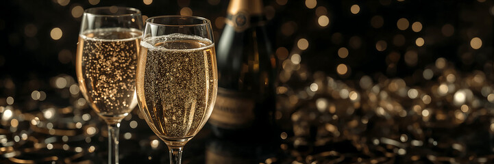 Sparkling champagne glasses against a festive backdrop with confetti and bokeh lights.