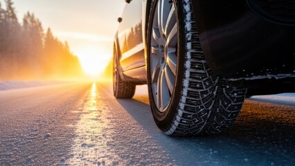 Car with winter tire on cold road at sunset. Vehicle safety on icy environment. Automotive technology and driving concept.