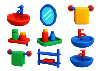 Set of colorful bathroom fixtures and accessories, including a sink, mirror