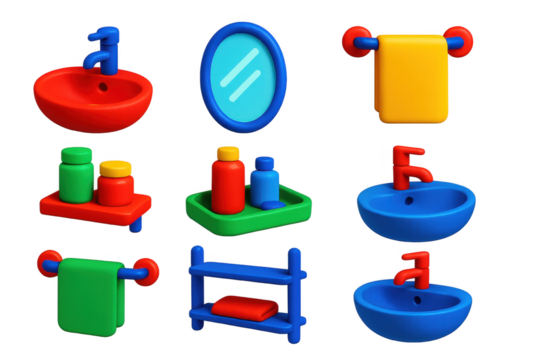 Set of colorful bathroom fixtures and accessories, including a sink, mirror - Powered by Adobe