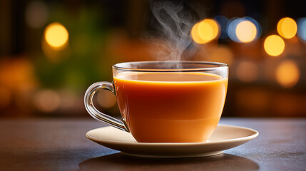 Fototapeta premium A hot cup of coffee with a foamy surface, placed on a table against a bokeh, blurred background. Perfect for a beverage theme, a restaurant atmosphere, or a lifestyle.