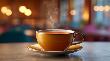 Obraz premium A hot cup of coffee with a foamy surface, placed on a table against a bokeh, blurred background. Perfect for a beverage theme, a restaurant atmosphere, or a lifestyle.