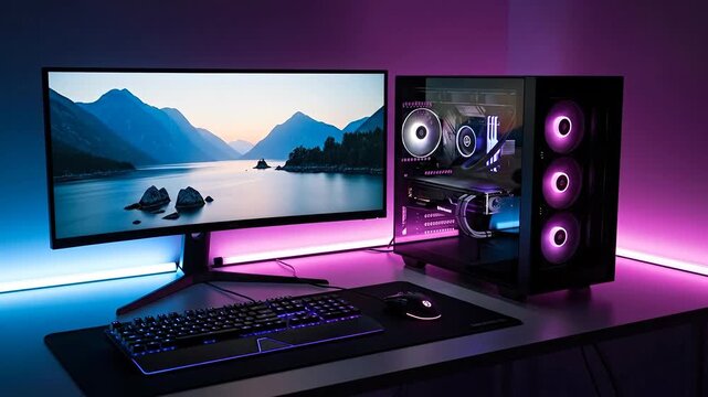 Modern Gaming PC Setup with RGB Lighting and Scenic Wallpaper.