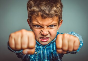 Furious Young Boy with Clenched Fists Displaying Anger and Aggression, Isolated Image