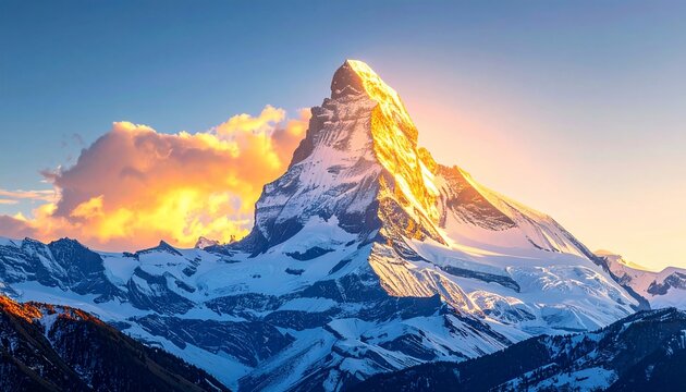 Majestic mountain peak illuminated by the sun setting behind a vibrant cloudy sky