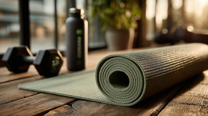 rolled green yoga mat on rustic wooden floor with dumbbell and water bottle for home fitness