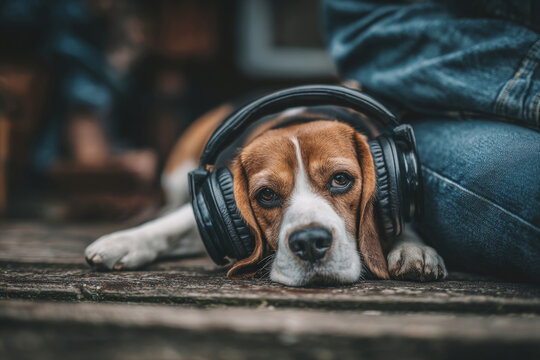sad-looking beagle dog wearing large noise-canceling headphones resting on a wooden deck