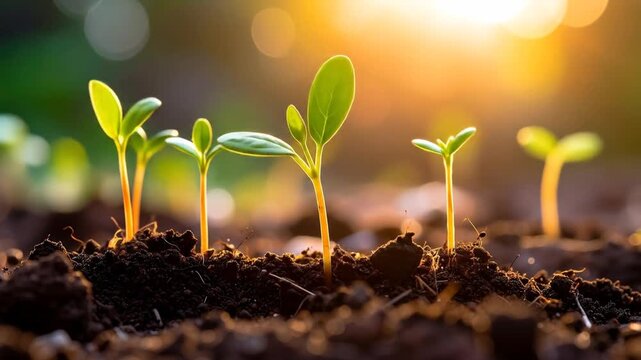 Seedlings emerge from the soil, illuminated by the warm glow of the sun, life begins