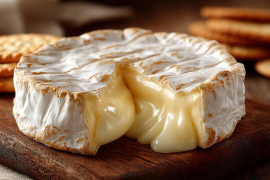 Creamy brie cheese melting beautifully on a wooden board with crackers - Powered by Adobe