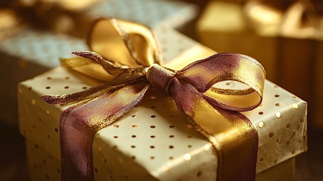 Golden gift box with bow and polka dots celebrating special occasion