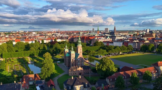 Copenhagen downtown with aerial orbiting view of Rosenborg castle at sunrise, Scandinavian capitals, travel in Denmark, tourism in Scandinavia