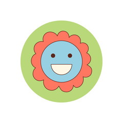 Retro groovy flower sticker with a colorful smile and happy face in a round circle label. Cartoon seal for box or package lid, y2k style and playful mood, perfect as emblem or fun product accent.