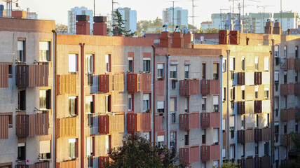Residential buildings facade in lisbon city at sunset