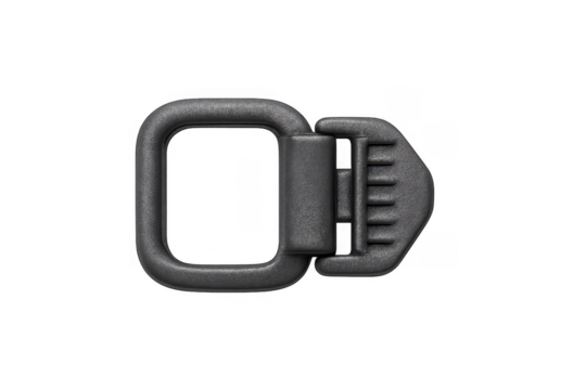 Black plastic buckle adjusting strap fastener isolated