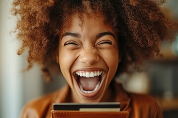 Excited young woman holding credit cards, laughing joyfully.