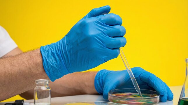 Close up of gloved hands holding glass dropper over petri dish in laboratory