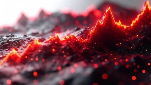 Abstract red data flow visualization with a fluctuating pattern over a dark terrain surface