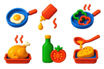 Set of six food items, including a bottle of ketchup, a bottle of mustard