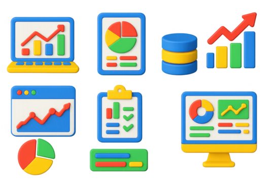 Set of colorful icons that represent various data displays