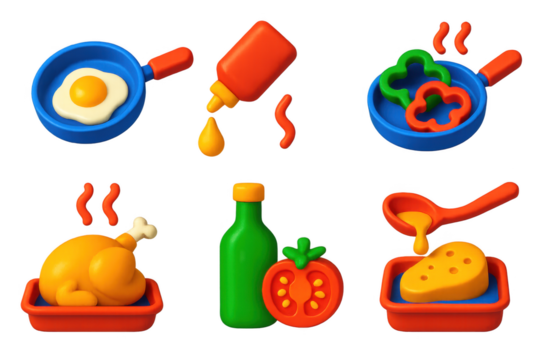 Set of six food items, including a bottle of ketchup, a bottle of mustard