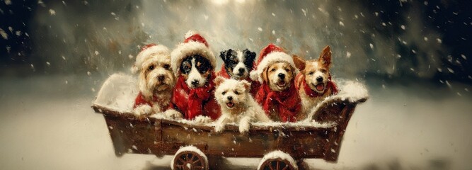 Festive Dogs in a Snowy Sleigh Ride Christmas Holiday Cheer with Adorable Puppies in Winter Wonderland
