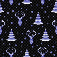 Seamless Christmas pattern with deer and Christmas trees with snow on a transparent background. Vector illustration.