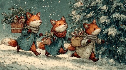 Whimsical Winter Three Foxes on a Festive Journey Through Snowy Woods with Holiday Gifts and Christmas Trees