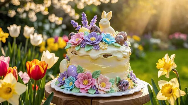 Festive easter cake decorated with flowers and bunny in garden setting