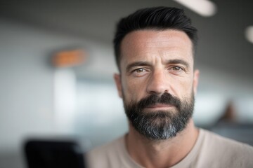 Obraz premium Portrait of adult man with a beard looking directly at the camera in an indoor setting