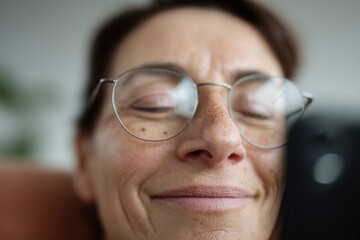 Mature woman with glasses finding joy and relaxation while interacting with technology