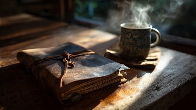 Leather Journal Sits Next to Hot Drink on Wooden Table


