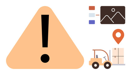 Exclamation mark inside triangle, forklift moving goods, map pin, and data chart. Ideal for logistics, delivery, safety, inventory supply chain alert systems efficient operations. Simple flat