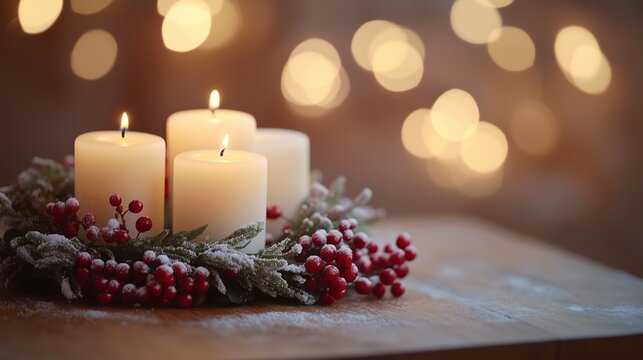 Candle wreath with white candles and red berries on a wooden table for St. Lucia Day - Powered by Adobe