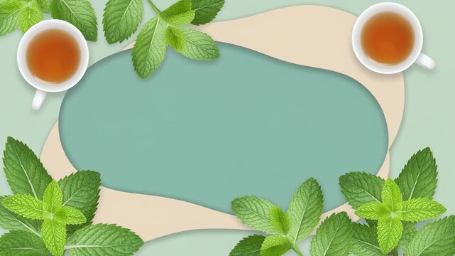 Refreshing Tea: An overhead composition of two cups of aromatic tea, surrounded by vibrant mint leaves, evoking a sense of calm and refreshment with blank area for copy.