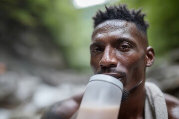 Black man drinking from a shaker bottle, recovering after an outdoor workout