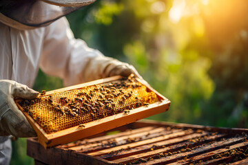 Beekeeper inspecting honeycomb frame during afternoon in sunny garden