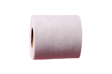 Close-up of a rolled pink paper towel showcasing its textured surface and cylindrical shape on transparent background