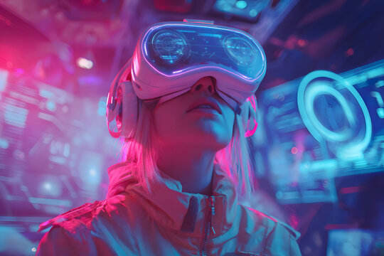 Virtual reality experience in a futuristic setting with a focused participant wearing a headset