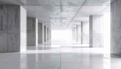 Minimalist architectural design with concrete columns and a bright illuminating light