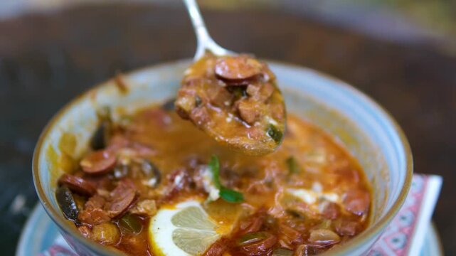 Solyanka soup in a gray plate, hand stirring to reveal ingredients. Top view, 4K. High quality 4k footage