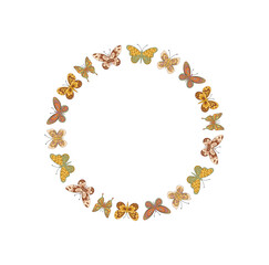 Groovy y2k butterfly border in floral pattern forms a colorful circle frame. Graphic retro style design, modern and trendy, creates a playful accent for creative backgrounds or projects.