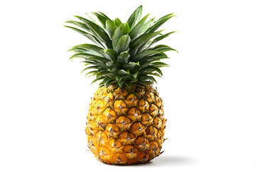Fototapeta premium Fresh pineapple displayed upright with vibrant yellow skin and green crown highlighting its tropical appeal